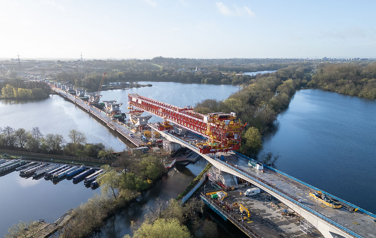 Aerial view of HS2 bridge construction across lakes