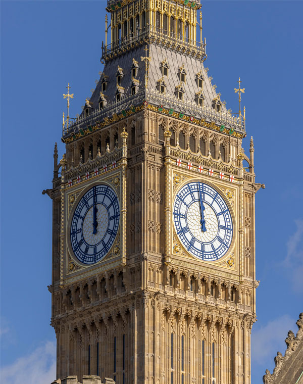 Elizabeth Tower clock face at the Palace of Westminster